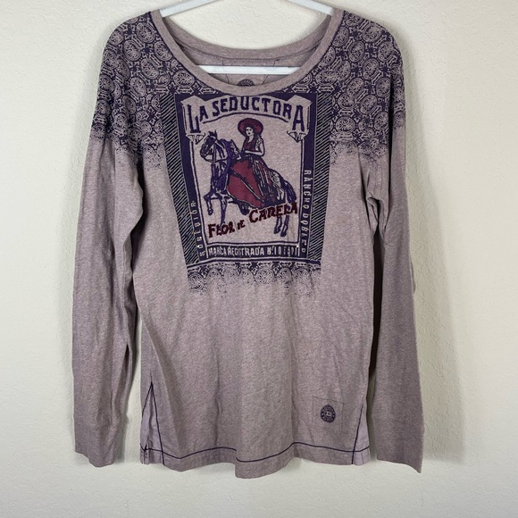 Double D Ranch Tops - Double D Ranch La Seductora Long Sleeve Tee Grey Size Medium